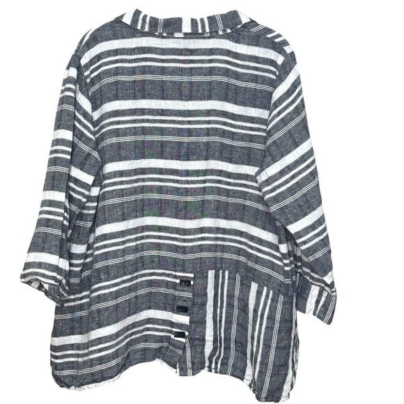 Ali Miles Womens Tunic Top Size 1X Linen Black Grey White Stripes Buttons Artsy - Picture 2 of 8